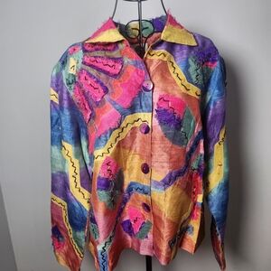 Sandy Starkman Silk Patchwork Jacket L Art To Wear Colorful Statement Boho